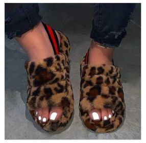 Women Fur Wedge Slippers with Ankle Elastic Band Open Toe Winter Slides Home Slipper Plush Slip-on Fluffy Warm Indoor Slippers Comfortable (Color: leopard, size: 38)